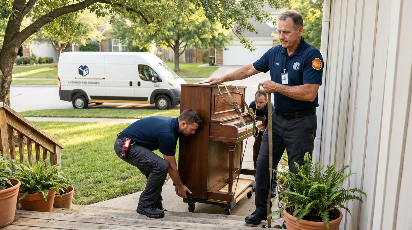 Licensed piano movers securing grand piano in Lyme, NH