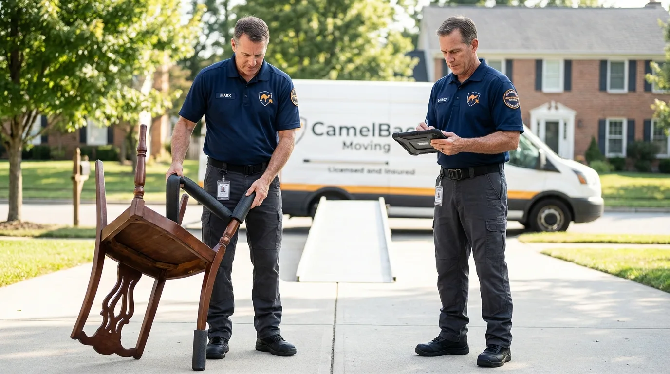 Movers inspecting furniture for damage prevention before loading in Lyme, NH