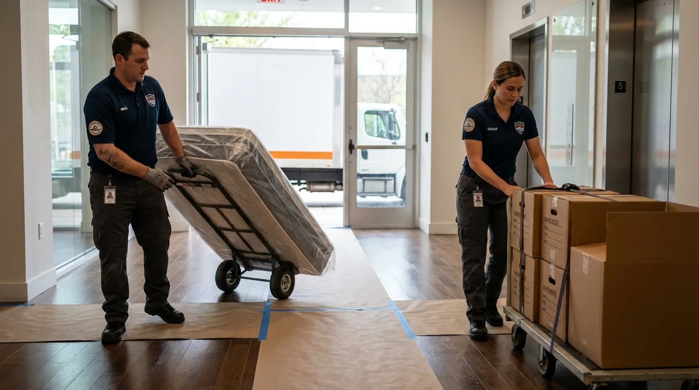 Professional apartment movers loading elevator in Lyme, NH